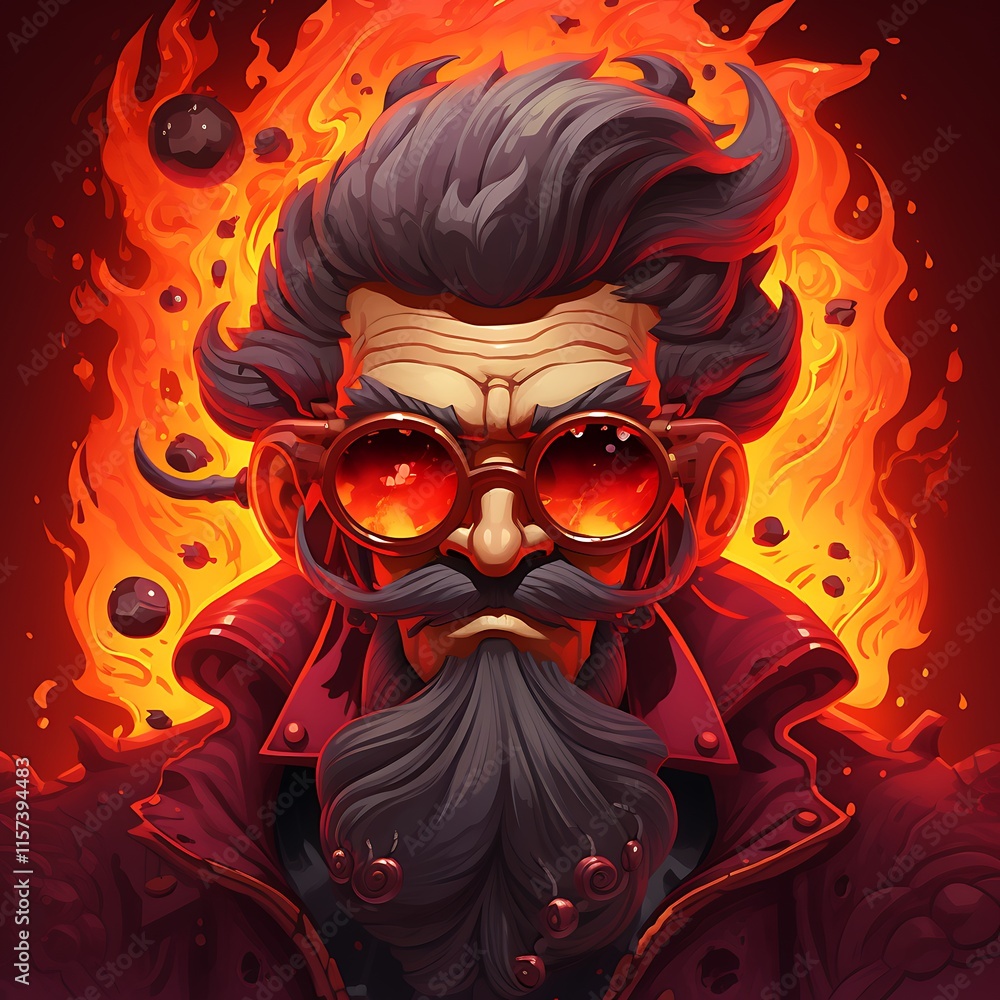 A stylized character with fiery background and sunglasses, exuding a bold and intense vibe. A stylized character with fiery background and sunglasses, exuding a bold and intense vibe.
