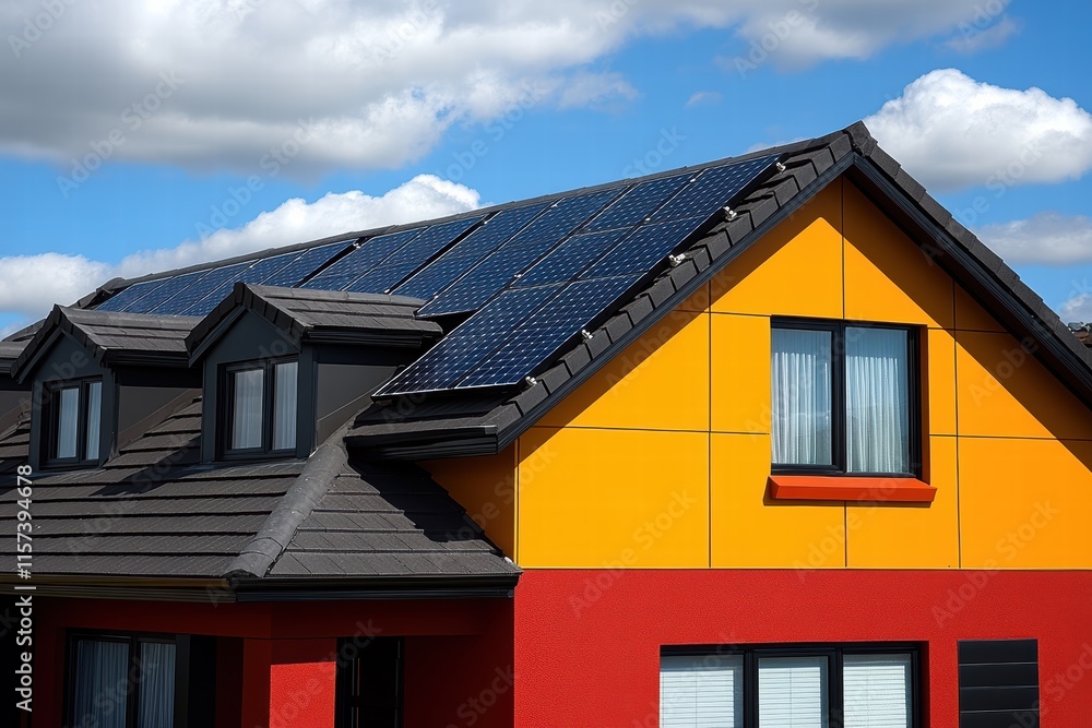 Modern house with solar panels on a colorful roof under a blue sky Modern house with solar panels on a colorful roof under a blue sky