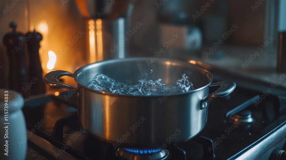 Kitchen Pot Boiling Water on Gas Stove in Cozy Modern Cooking Environment Kitchen Pot Boiling Water on Gas Stove in Cozy Modern Cooking Environment