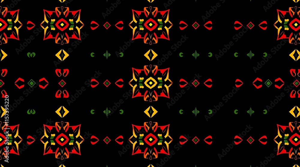Intricate Geometric Pattern: A mesmerizing seamless pattern with vibrant colors and intricate geometric shapes on a black background. Intricate Geometric Pattern: A mesmerizing seamless pattern with vibrant colors and intricate geometric shapes on a black background.