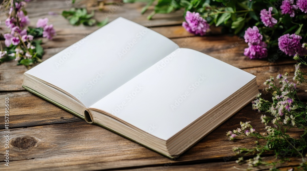 Fototapeta premium Open blank album on a rustic wooden table surrounded by blossoming flowers perfect for memories and creative projects.