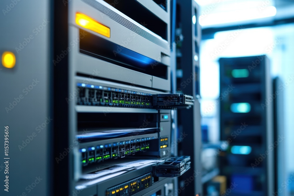 Technical equipment setup in modern office with printers and servers in view Technical equipment setup in modern office with printers and servers in view