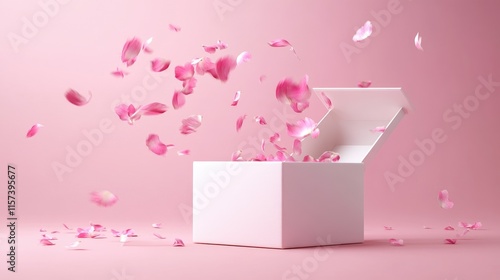 Open white gift box releasing pink flower petals on a soft pink background creating a delightful and festive atmosphere in 3D illustration photo