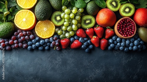 Fototapeta Naklejka Na Ścianę i Meble -  Vibrant colorful assortment of fresh fruits on dark background.