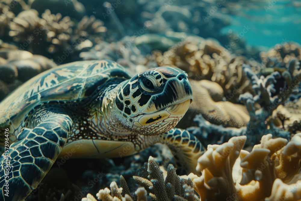 Fototapeta premium A close-up of a sea turtle feeding on coral amidst a bustling underwater ecosystem