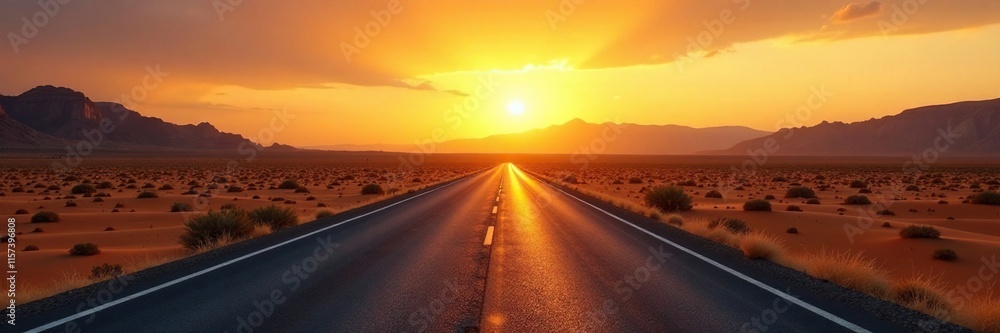 Desert highway stretching into horizon at golden dawn, horizon, golden light