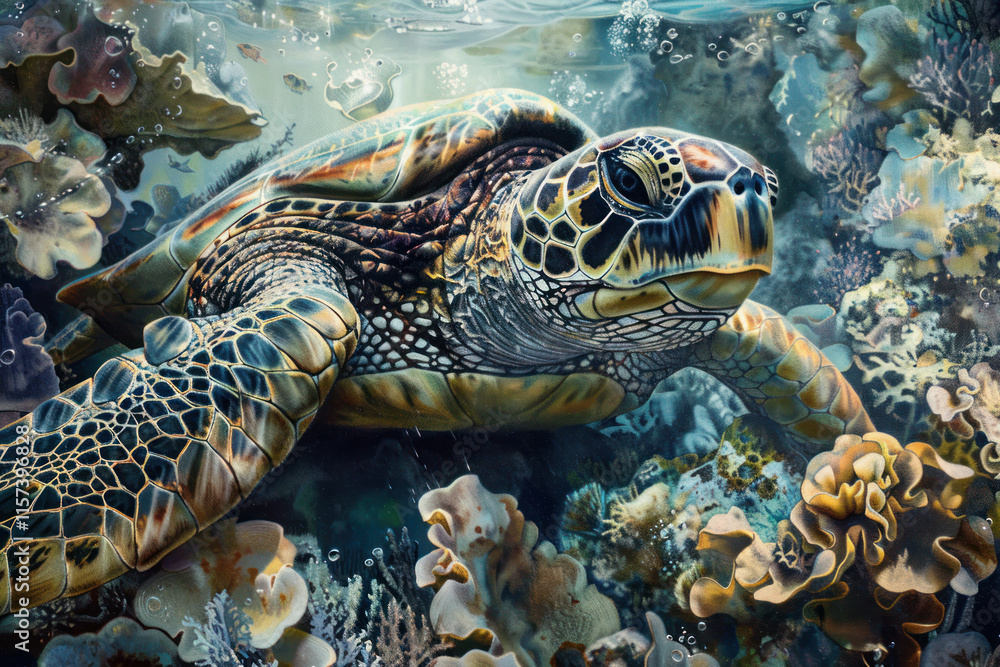 Obraz premium A close-up of a sea turtle feeding on coral amidst a bustling underwater ecosystem