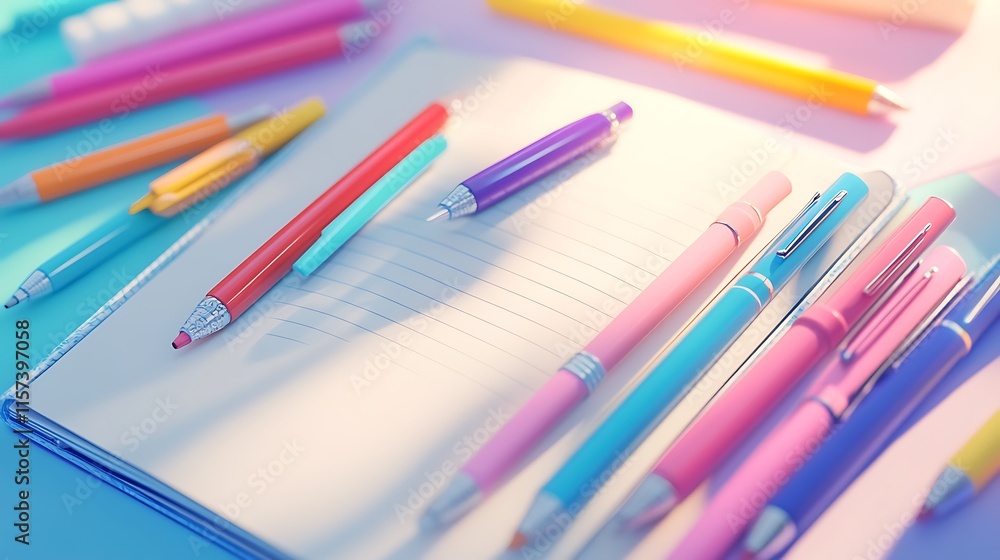 Fototapeta premium Colorful Pens and Pencils Resting on a Notebook