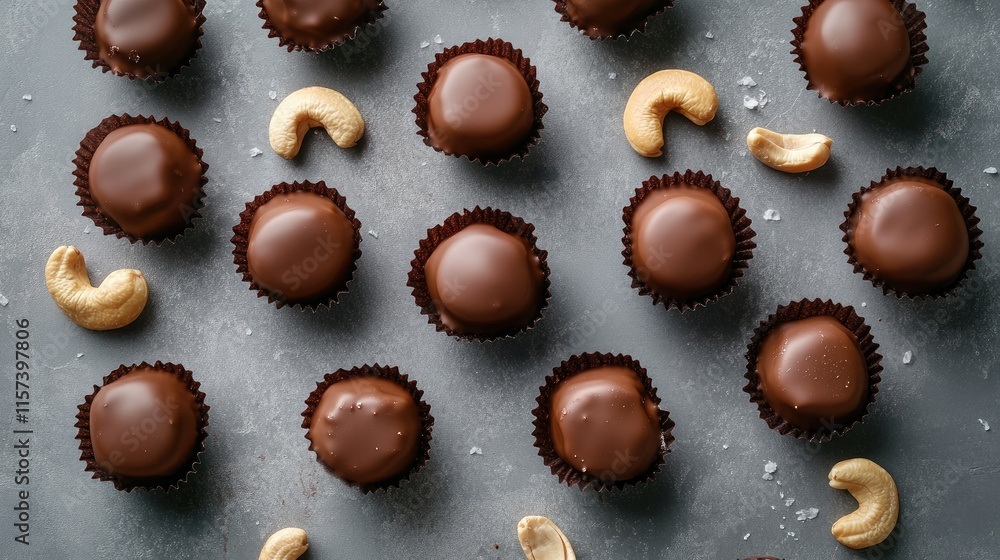 Homemade cashew nut bonbons with salted caramel on a textured table Healthy indulgence treats Top view for dessert concepts Homemade cashew nut bonbons with salted caramel on a textured table Healthy indulgence treats Top view for dessert concepts