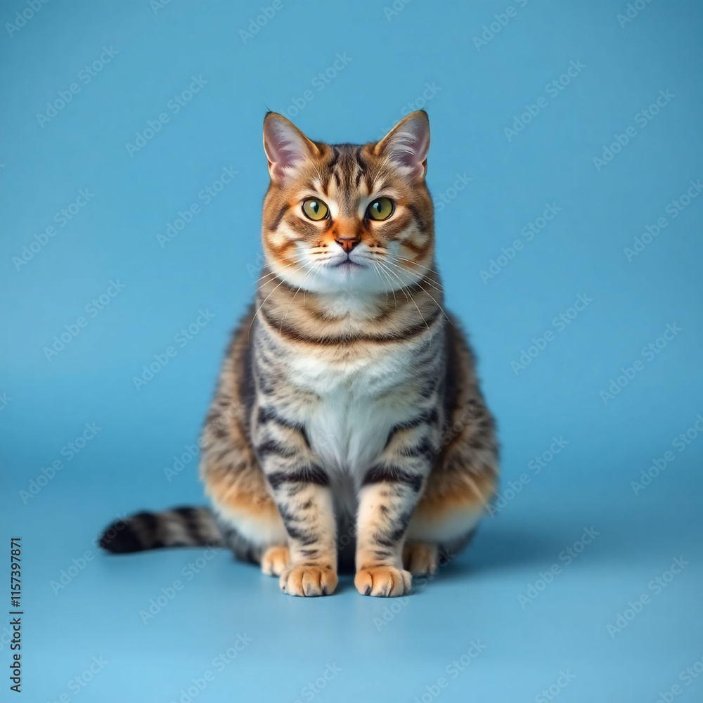 Studio shot of a gray and white striped cat sitting on blue background Studio shot of a gray and white striped cat sitting on blue background