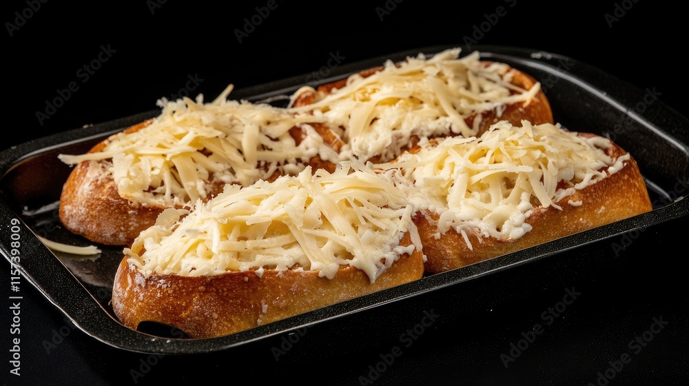 Homemade cheese topped bread rolls on a baking tray with a dark background for culinary themed advertisements and food photography. Homemade cheese topped bread rolls on a baking tray with a dark background for culinary themed advertisements and food photography.