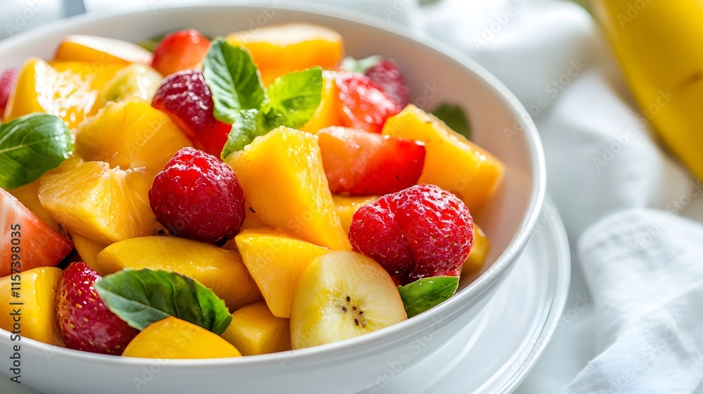 Fresh fruit salad recipe kitchen table food photography bright and colorful close-up healthy eating concept Fresh fruit salad recipe kitchen table food photography bright and colorful close-up healthy eating concept