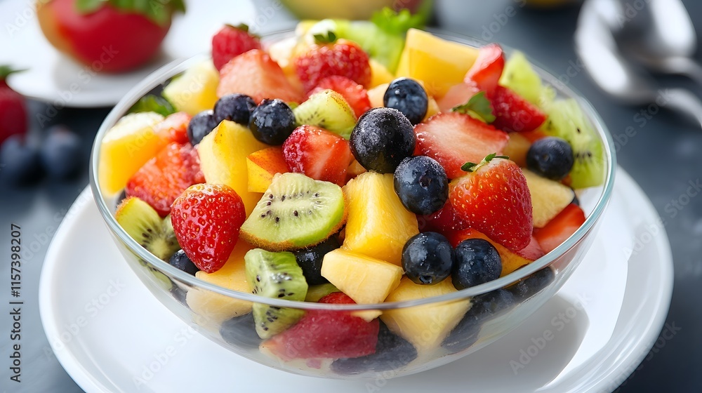 Fresh fruit salad preparation kitchen food scene bright lighting close-up healthy eating concept Fresh fruit salad preparation kitchen food scene bright lighting close-up healthy eating concept