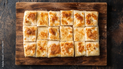 Rustic Homemade Bread Slices Arranged on a Wooden Cutting Board with Golden Brown Crust Top View photo