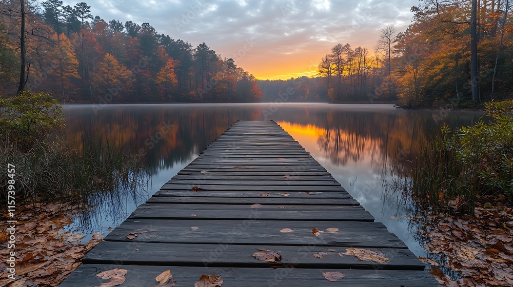 Obraz premium Wooden Dock Extending Into Autumn Lake Sunrise