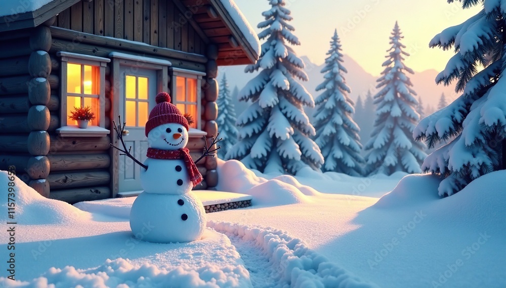 Fototapeta premium Frosty landscape with snowman in front of cabin door, winter wonderland, snowy trees