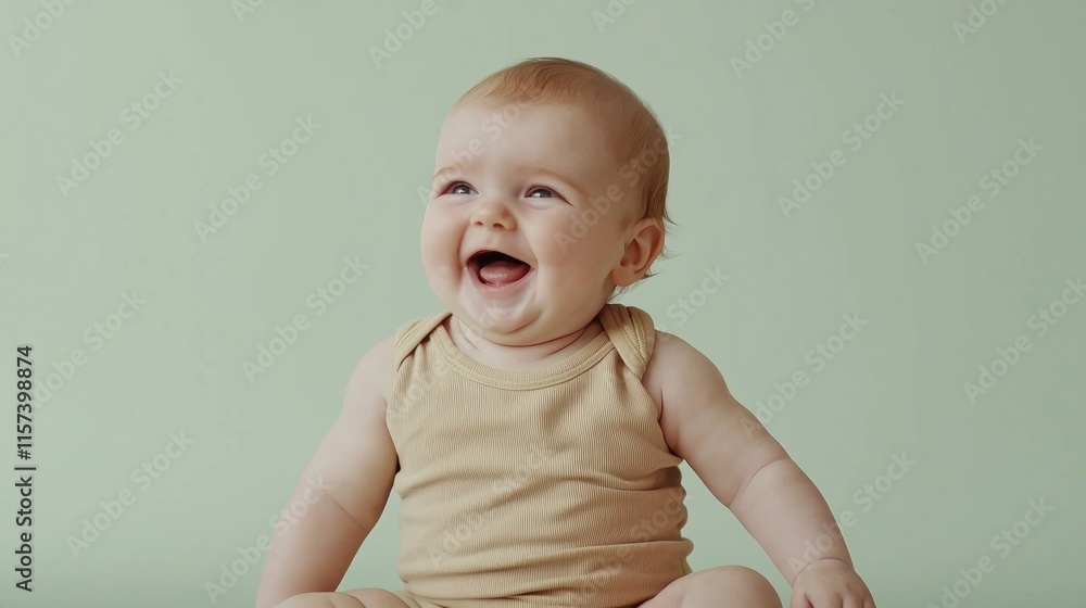 Happy baby sitting and smiling against a soft green background. Happy baby sitting and smiling against a soft green background.