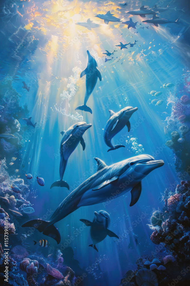 Obraz premium A diver swimming alongside dolphins, framed by beams of sunlight piercing through the ocean surface