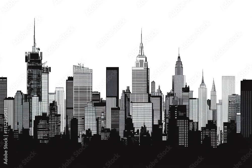 Naklejka premium detailed silhouette of bustling city skyline with distinct architectural features outlined in black