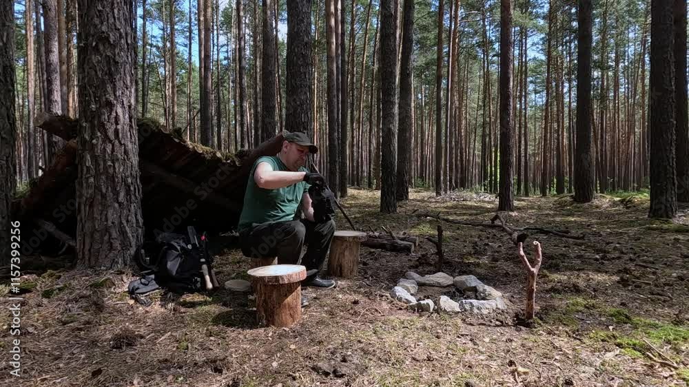 A tourist drinks water from a flask in the forest near a fire A tourist drinks water from a flask in the forest near a fire