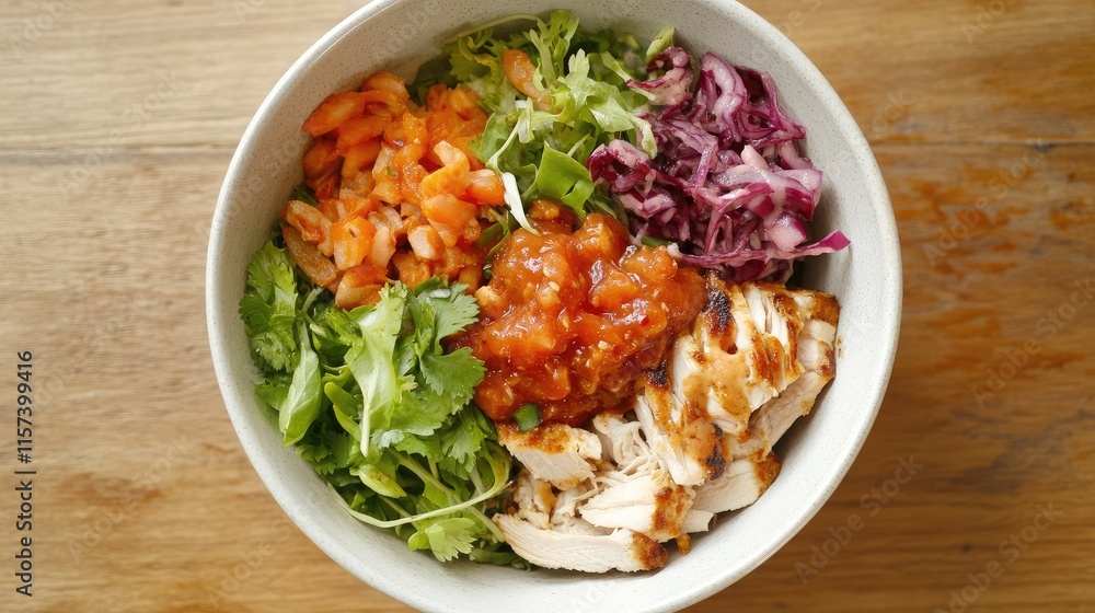 Homemade Chicken Burrito Bowl with Fresh Salsa and Colorful Vegetables in a Rustic Bowl on Wooden Table Homemade Chicken Burrito Bowl with Fresh Salsa and Colorful Vegetables in a Rustic Bowl on Wooden Table