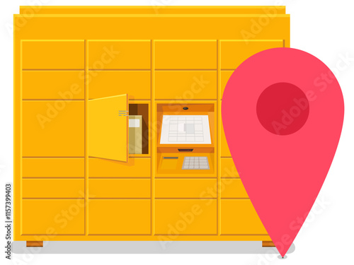 Yellow parcel locker with an open box with a red locator in the flat design style (cut out)