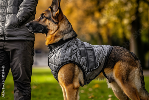 German shepherd in a gray quilted training vest with handler outdoors photo