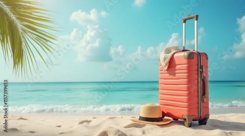 Fototapeta Naklejka Na Ścianę i Meble -  Suitcase and accessories for travel vacation on the sand