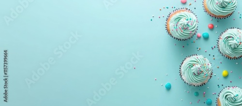 Mint green cupcakes decorated with colorful sprinkles on a pastel background perfect for promotional text and dessert themes photo