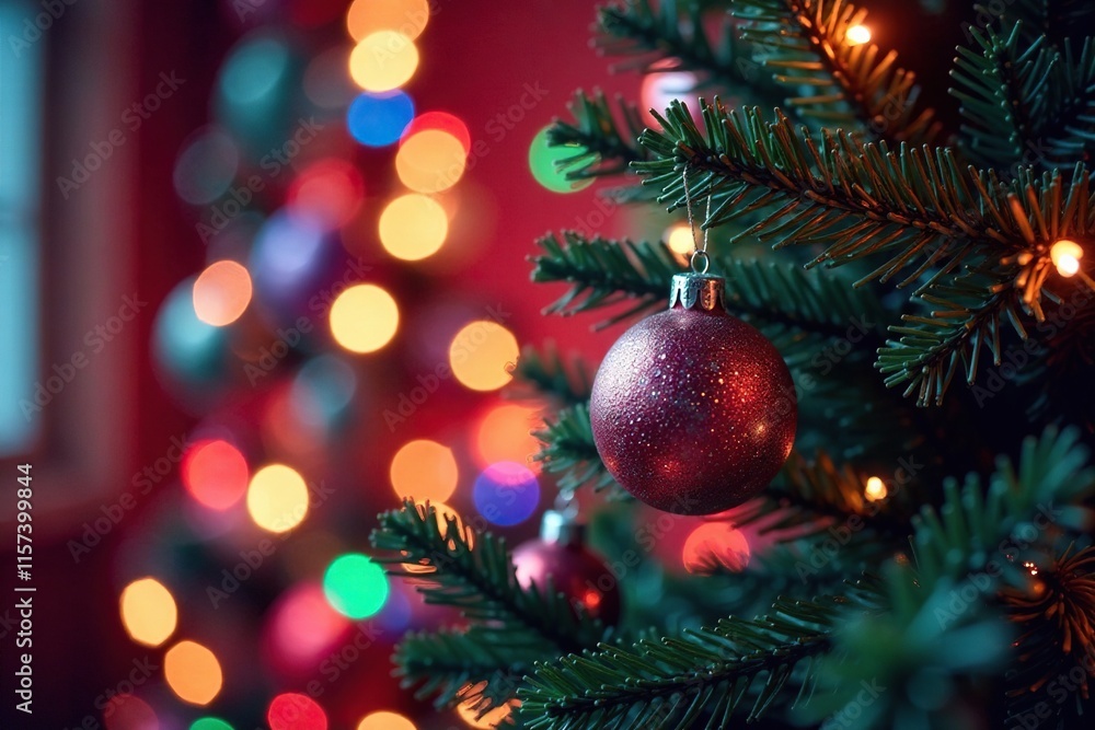 Fototapeta premium Glittering rainbow hues surrounding a Christmas tree, ornaments, holiday decor, garland