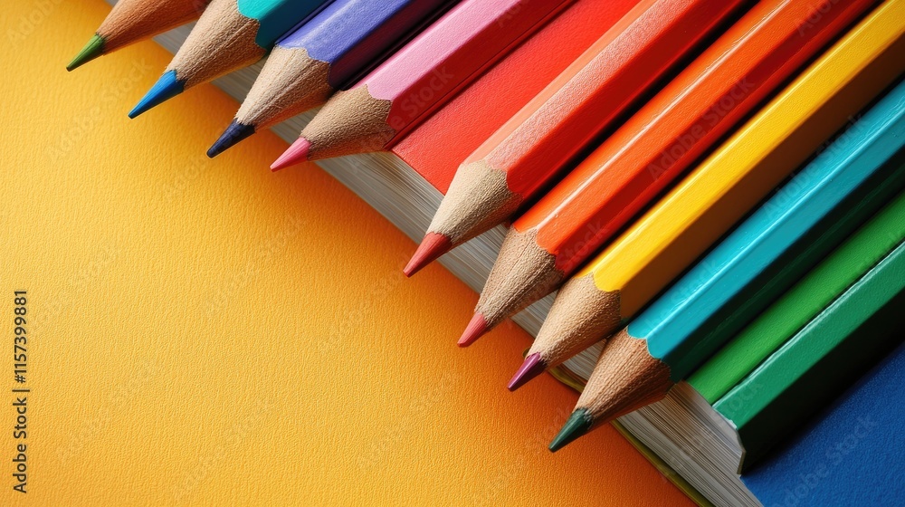 Colorful Pencils Lined Up on a Stack of Blank Pages Against a Bright Yellow Background