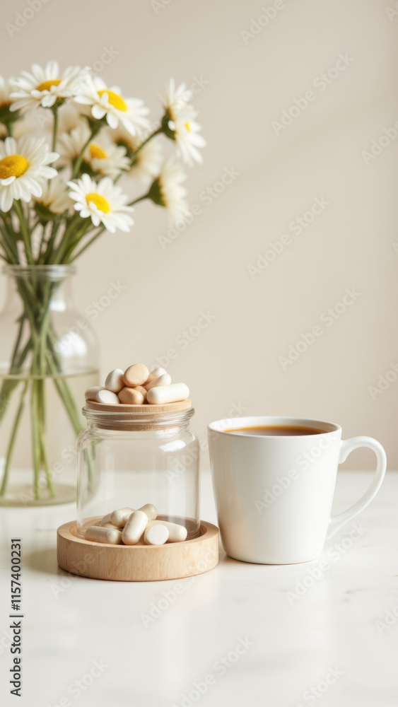 A cozy setup on a table featuring a jar of magnesium tablets with daisies, a coffee cup, and a small wooden tray. A cozy setup on a table featuring a jar of magnesium tablets with daisies, a coffee cup, and a small wooden tray.