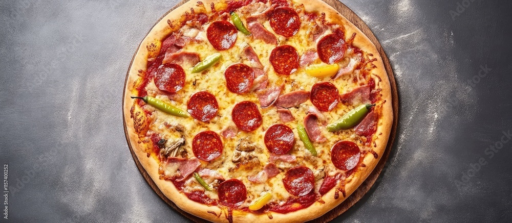 Pepperoni and Capicola Pizza Topped with Cheese and Pimiento Bell Peppers on Stone Background with Space for Text Above Pepperoni and Capicola Pizza Topped with Cheese and Pimiento Bell Peppers on Stone Background with Space for Text Above