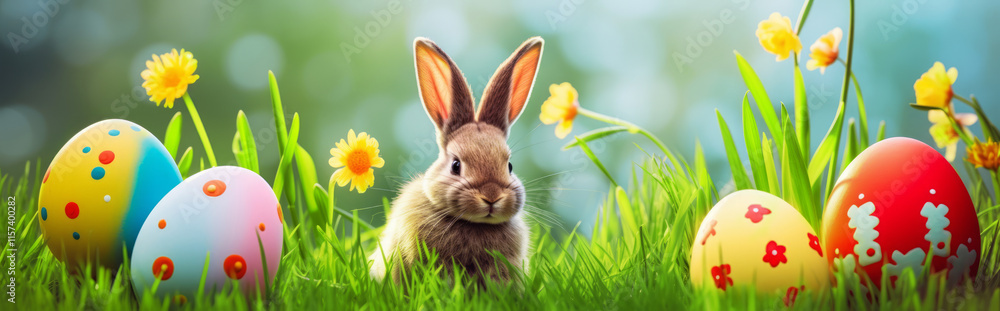 Obraz premium Easter bunny and Easter eggs on green grass