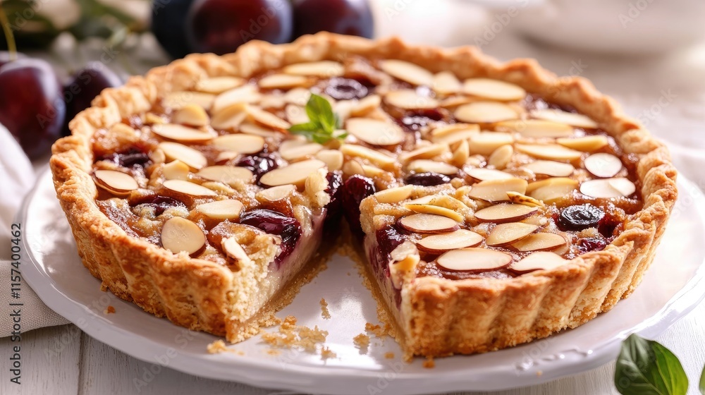 Delicious almond tart with cherry and plum filling topped with sliced almonds served on a white plate in a rustic setting Delicious almond tart with cherry and plum filling topped with sliced almonds served on a white plate in a rustic setting