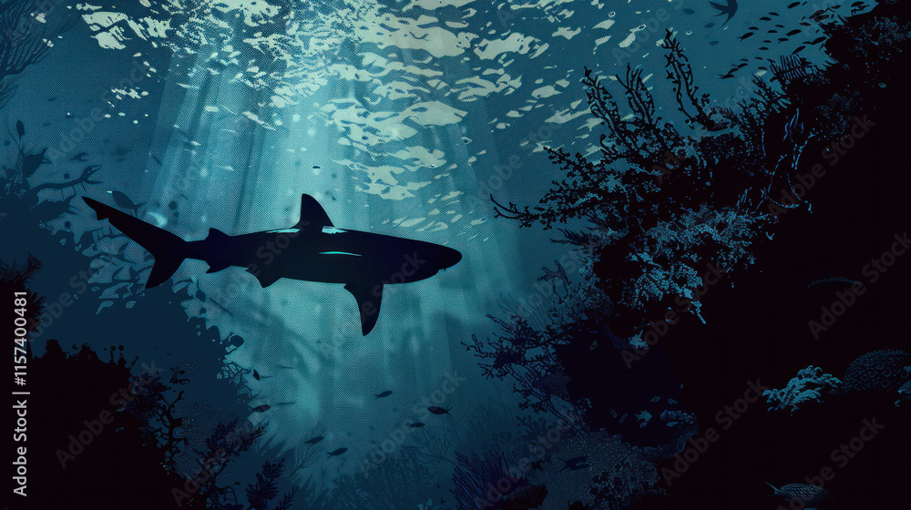 Obraz premium A dramatic underwater scene of a shark's silhouette emerging from shadows amidst towering coral formations