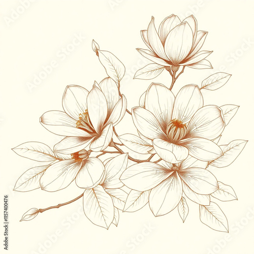 Vintage seamless illustration of blooming magnolia flowers and leaves in detailed line art. Hand-drawn in sepia tones on a beige background, perfect for botanical and floral designs.