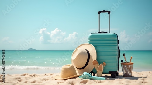 Fototapeta Naklejka Na Ścianę i Meble -  Suitcase and accessories for travel vacation on the sand