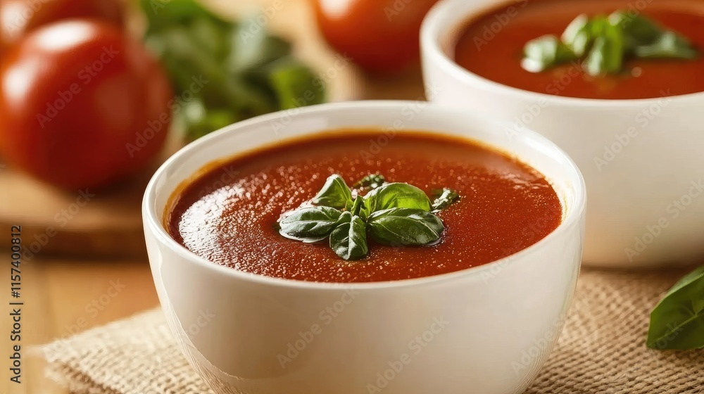 Rustic bowl of homemade basil tomato soup garnished with fresh basil on a wooden table surrounded by ripe tomatoes and green herbs Rustic bowl of homemade basil tomato soup garnished with fresh basil on a wooden table surrounded by ripe tomatoes and green herbs