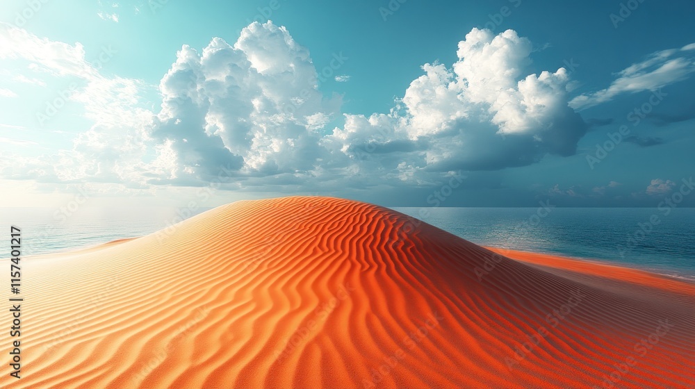 Naklejka premium Vibrant orange sand dune meets tranquil ocean under a cloudy sky.