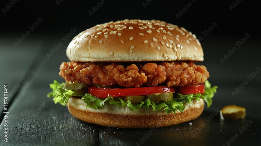 Delicious homemade burger featuring fried chicken, fresh vegetables, and sesame seed bun on a rustic wooden table background Delicious homemade burger featuring fried chicken, fresh vegetables, and sesame seed bun on a rustic wooden table background