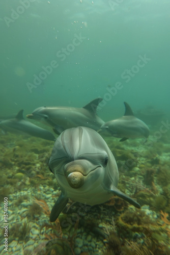 A dynamic snorkeling adventure capturing a close encounter with a playful pod of dolphins