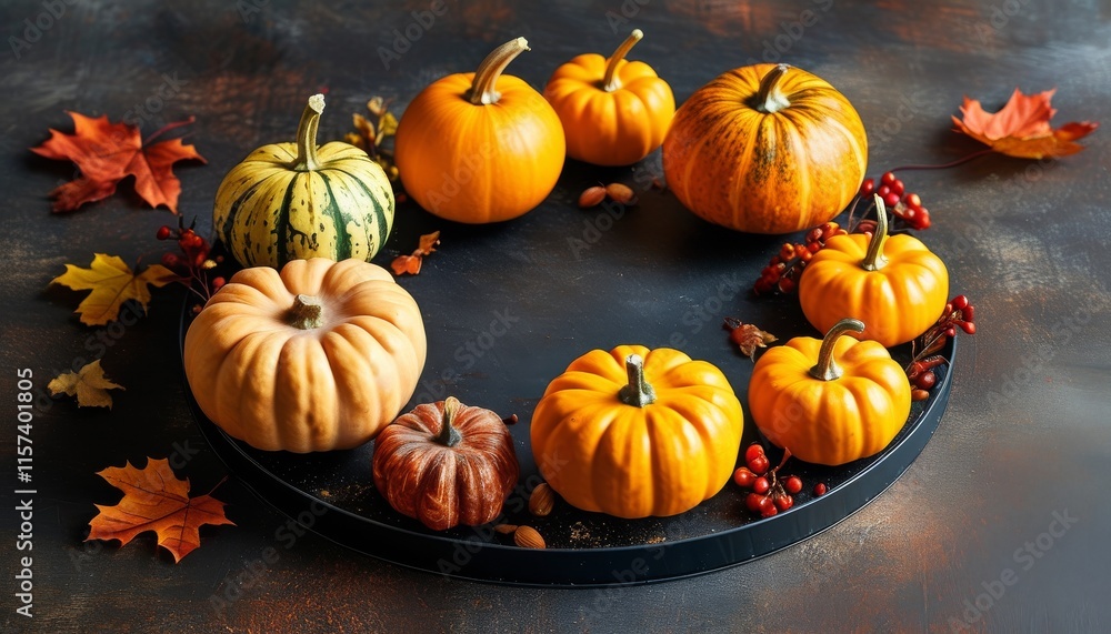 Top View of a Round Plate with Assorted Pumpkins and Autumn Leaves on a Dark Background Top View of a Round Plate with Assorted Pumpkins and Autumn Leaves on a Dark Background