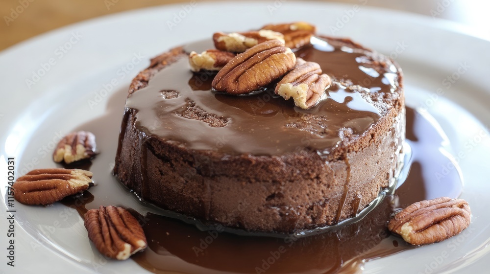 Decadent homemade chocolate cake with syrup drizzle and crunchy pecans on a white plate