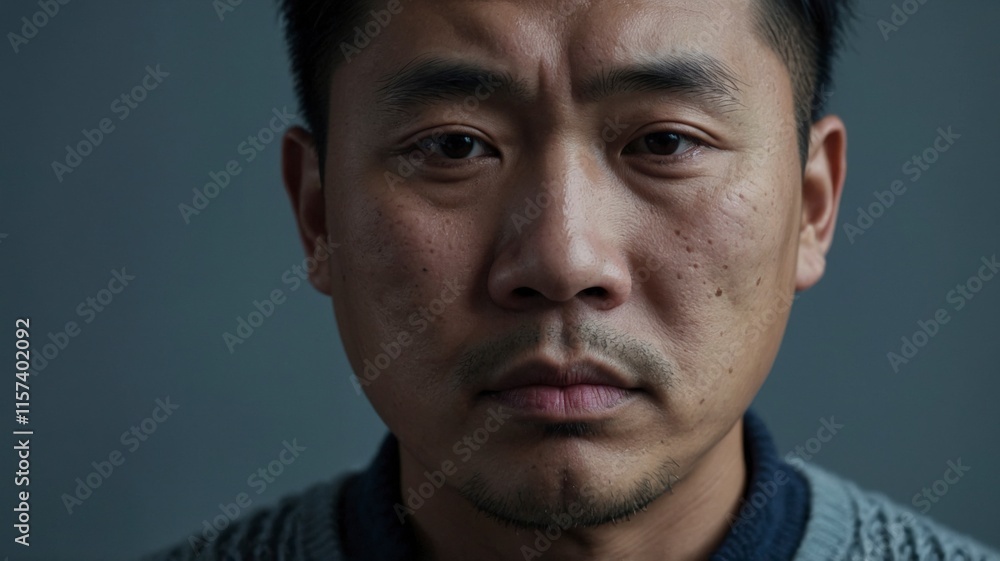 Fototapeta premium Emotional Close-Up of Asian Man with Teary Eyes