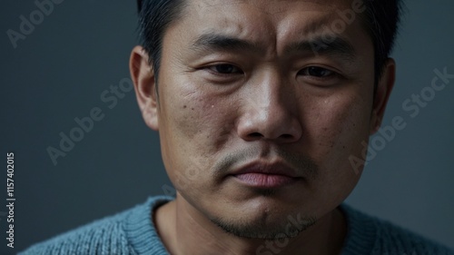 A close-up of an Asian man looking down with teary eyes, wearing a sweater. photo