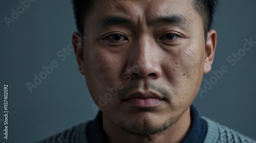 Emotional Close-Up of Asian Man with Teary Eyes photo