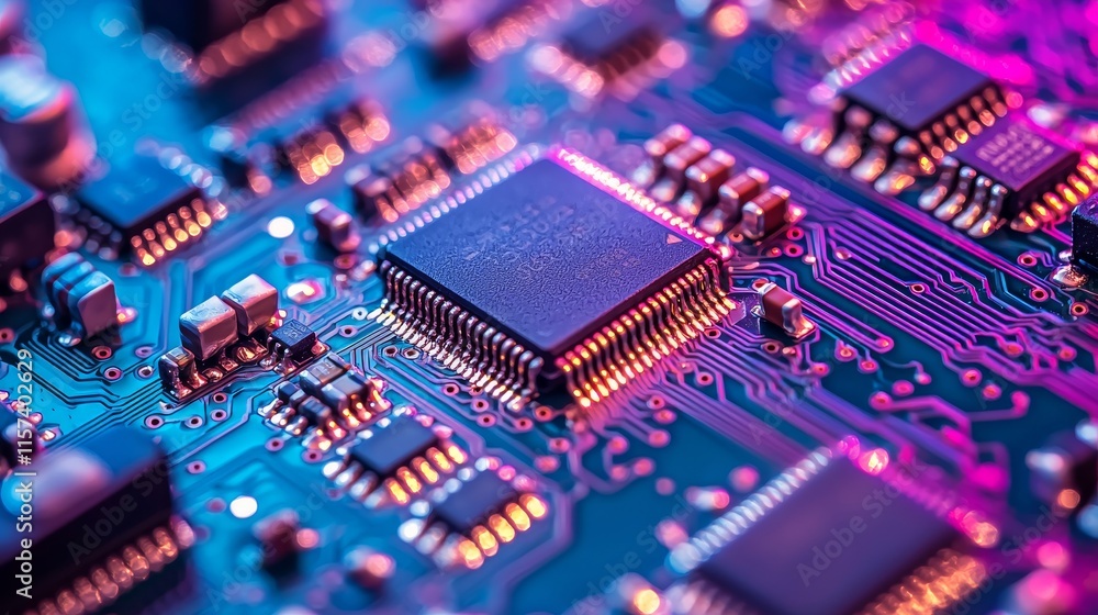 A close-up view of a colorful circuit board featuring microchips and intricate electronic components, showcasing modern technology. A close-up view of a colorful circuit board featuring microchips and intricate electronic components, showcasing modern technology.