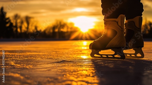 Fototapeta Naklejka Na Ścianę i Meble -  Golden sunset over synthetic ice with ice skates reflecting sunlight creating an inspirational skating atmosphere.