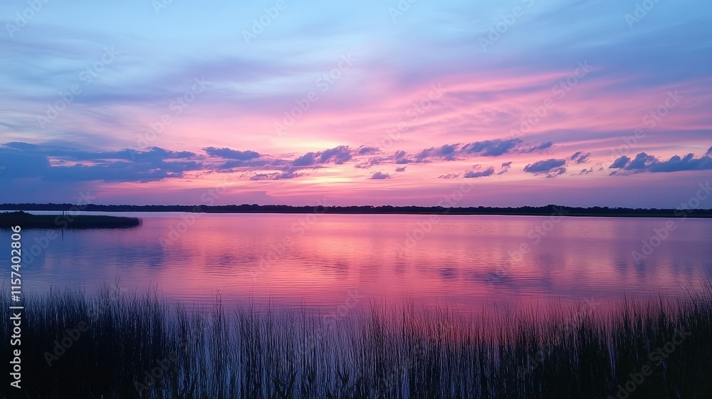 Serene sunset landscape with vibrant pink and blue sky reflected in calm waters surrounded by lush grass and distant horizon. Serene sunset landscape with vibrant pink and blue sky reflected in calm waters surrounded by lush grass and distant horizon.
